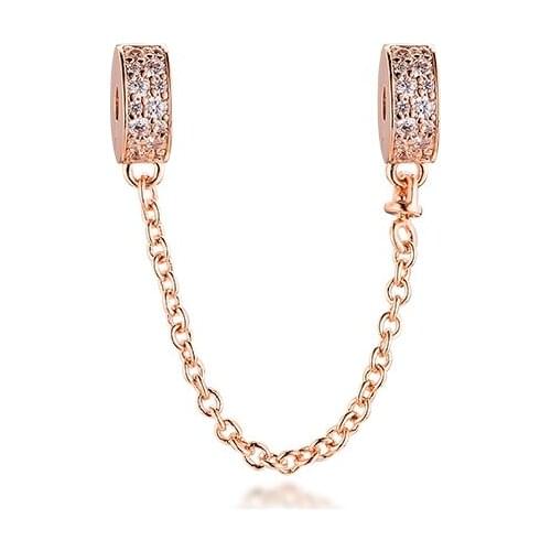 Fits for Pandora Charms Bracelets Rose Clear Pave Safety Chain Clip Beads 100% 925 Sterling Silver Jewelry Free Shipping