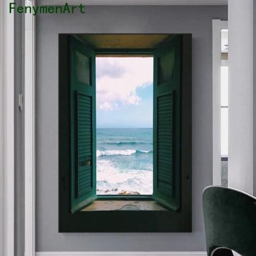 Nordic Window Outside Landscape Canvas Painting Field Sea Starry Sky Poster Print Modern Wall Art Picture Room Home Decor