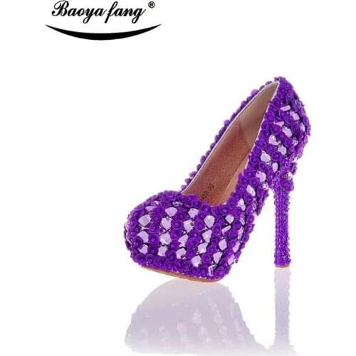 Purple flower with crystal wedding shoes Women high heels platform shoes real leather insole party dress shoes female shoes