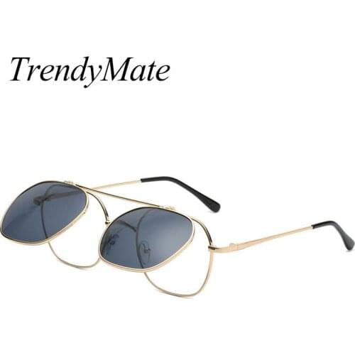 TRENDYMATE 2021 Men Womens Glasses 2 In 1 Clip On Glasses Kit Round Magnet Sunglasses UV400 Metal Punk Eyeglass Frame 6095