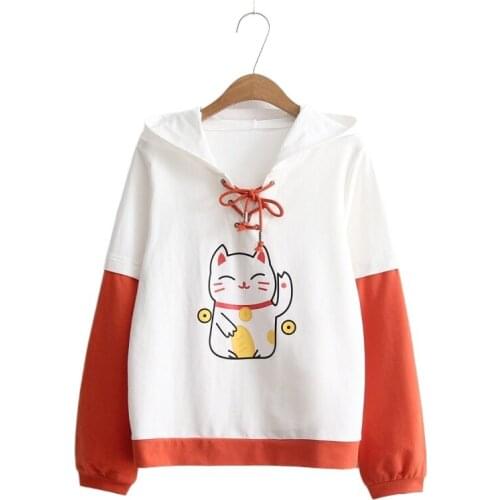 Mori Girl Style Cute Lucky Cat Color Matching Lace Long Sleeve Hooded Sweatshirt Hoodies Women Harakuju Pullover 2025448