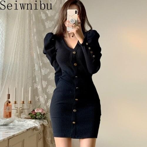 2020 Spring Winter Solid Puff Sleeve Dress Ladies Singer Breasted Knitted Sweater Dress Women Package Hip Mini Ladies Dresses