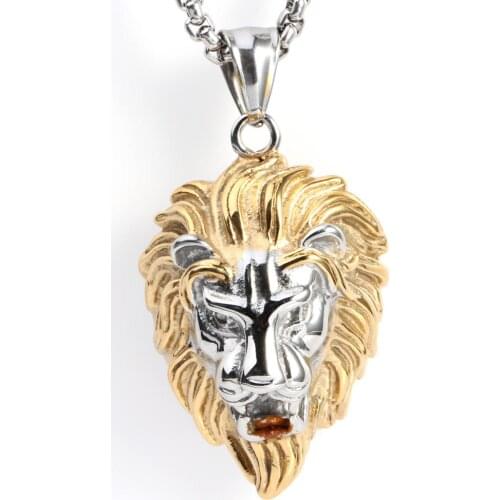 Vintage Polished Stainless Steel Cool Lion Head Design Pendant Mens Boys Jewelry Pendant Necklace Free Box Link Chain 24