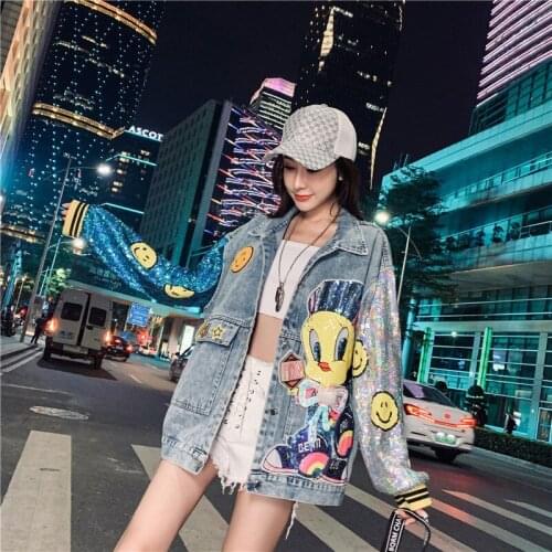 Ladies Denim Jacket 2021 Spring And Autumn Cartoon Sequined Ladies Jacket Stitching Embroidery Tide Autumn Jeans Jacket Women