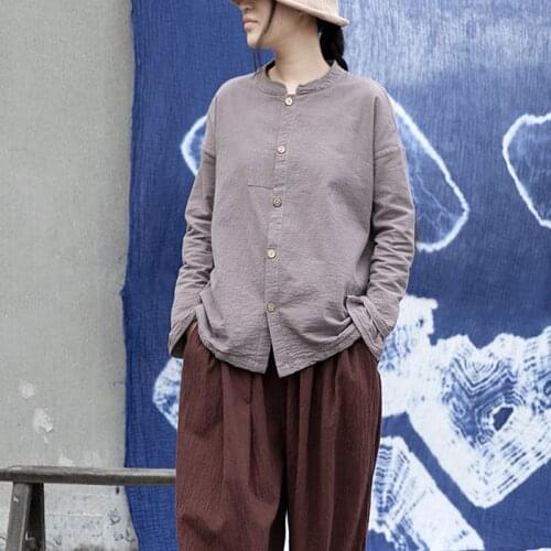 Johnature Women Vintage Gray Shirts Spring Blouses Stand Long Sleeve 2021 New Button Patchwork Female Women Shirts And Tops