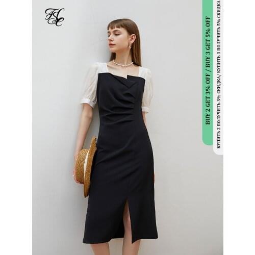 FANSILANEN Office Lady Black White Stitching Dress 2021 New Summer Women Retro Zipper Square Neck High Waist Black Dress