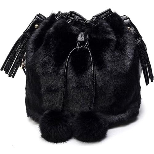 Winter Fashion Women Shoulder Bag Small Furry Faux Fur Bucket Drawstring Hand Bag Girls Purse Cross Body Bag with Pom Pom