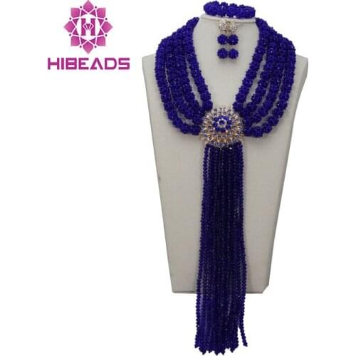2017 Fashion Royal Blue Nigerian African Wedding Crystal Beads Handmade Jewelry Set Bridal Jewelry Free Shipping ALJ847