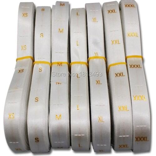 Free shipping 500 pcs a lot STOCK white satin label with Golden text garment clothing embroidered size labels/tags/number tags