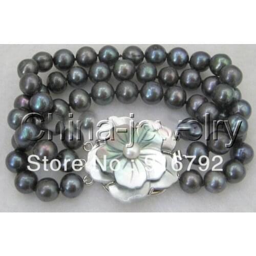 Free P&P >>>>> Gorgeous 8" 3row 9mm black round freshwater pearl bracelet-shell clasp