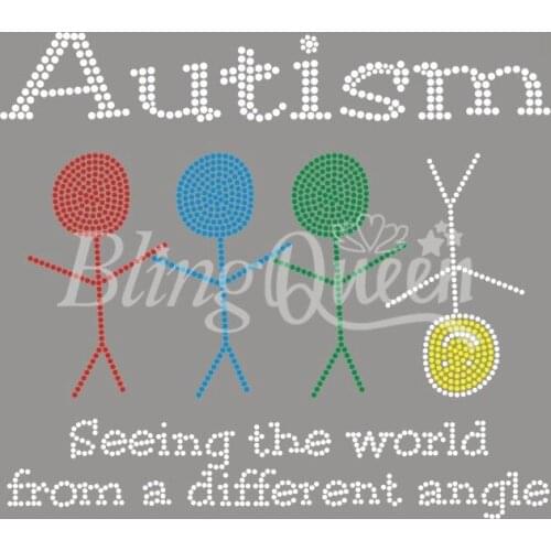 BlingQueen 25PCS/LOT Iron On Rhinestone Heat Transfers Autism Seeing The World From a Different Angle Designs