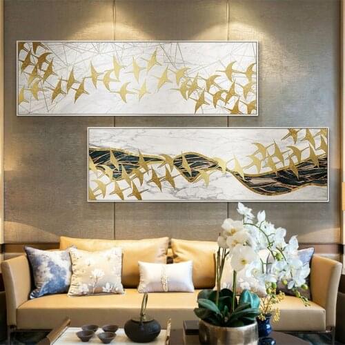 Large Gold Wild Goose Birds Wall Pictures Home Decor Canvas Printings Arts Cuadros Poster Modern Abstract HD Print Oil Paintings