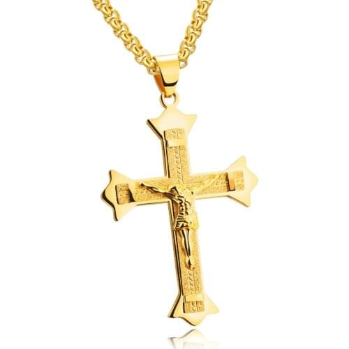 FATE LOVE Brand Men Statement Jesus Big Cross Pendant Necklaces Stainless Steel Chain Fashion jewelry