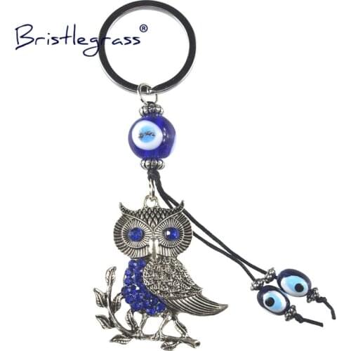 BRISTLEGRASS Turkish Blue Evil Eye Leaf Rhinestone Owl Key Chains Ring Holder Keychain Amulet Lucky Charm Pendants Blessing Gift