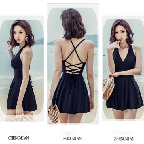 Dropshipping Swimsuit Conservative Off Shoulder Deep V Backless Bikini Skirt Swimsuit with Steel Support Chest Pad for Swimming