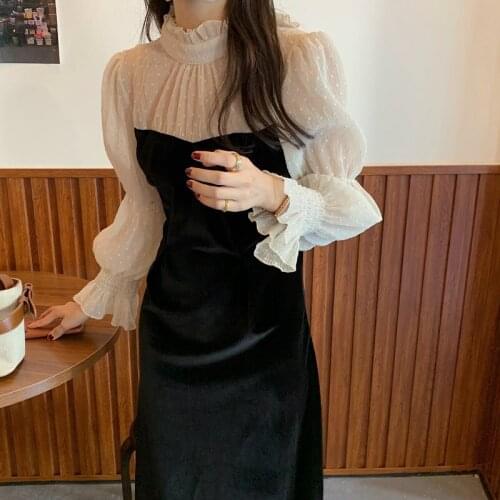 Stand Neck Elegant Long Midi Dress Women Fake Two Piece Party Dress Patchwork Office Velvet Dress French Princess Long Sleeve