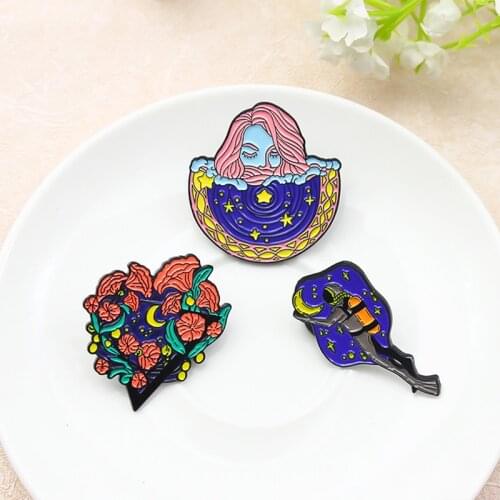 Stars and Moon Starry Night Enamel Lapel Pin Blue Starry Sky Girl Astronaut Diver Universe Brooches Badge For Woman Jewelry Gift