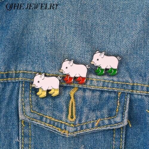 QIHE JEWELRY Pig in boots Enamel pins Badges Brooches for women girl kuds Cute Animal Pig Jewelry Pig baby and rain boots