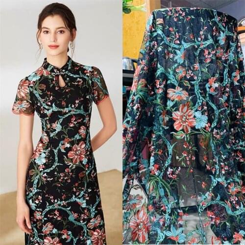 Lace252 From 2meter Exquisite High Density Hollow Mesh Flowers Embroidered Lace Fabric Cheongsam Dress Cloth DIY Sewing Material