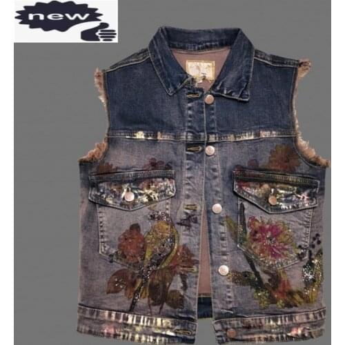 Fashion Printing Sleeveless Jacket Female Vintage Single Breasted Denim Vest Spring Streetwear Office Lady Short Waistcoat
