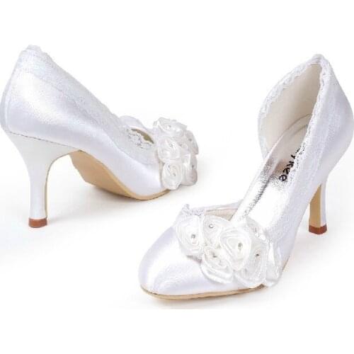 2018 Best Sale Round Toe Satin White Wedding Shoes Rose Bridal Dress Shoes Party Prom Dress Shoes for Women Shoes