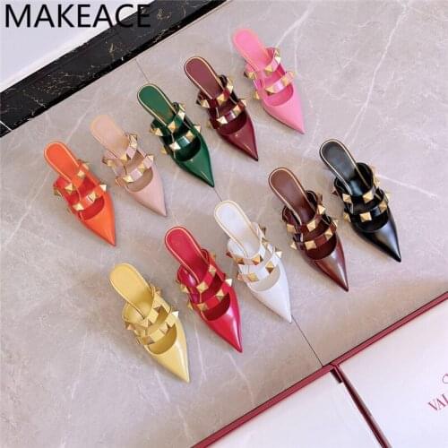 Womens Elegant Mules Woman Casual Slippers Sandals Ladies High Heels Fashion Female Pointed Toe Shoe Candy Colors Footwear 2021