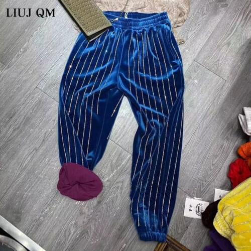 2021 Spring Autumn New Street High Waist Fabric Diamond-Studded Black Pants Fashion Loose Plus Size Harem Pants Women