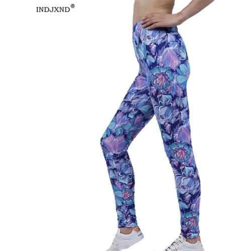 INDJXND New Stretchy Fitness Gym Leggings Big Petal Blue Flowers High Waist Sport Running Women Polyester Skinny Elastic Pants