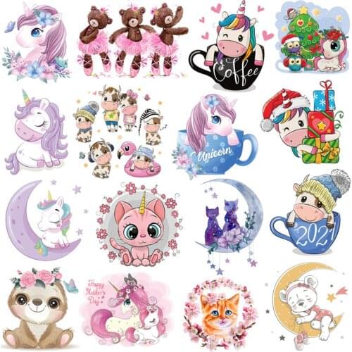 Prajna Cute Unicorn Patch Iron On Transfers For Clothing Heat Transfer Vinyl Cartoon Animals Stripes Thermal Stickers On Clothes