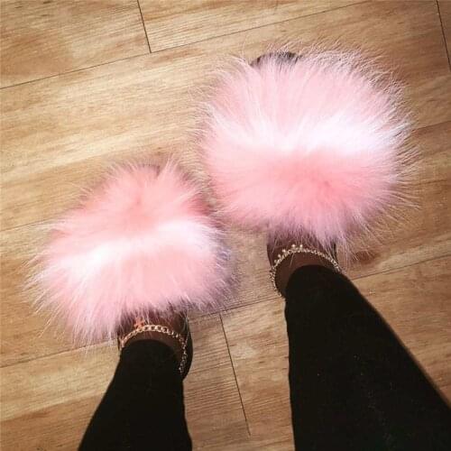 Ladies Summer Fashion Slippers Fluffy Slippers Exquisite Fox Fur Slides Furry Slides For Women Elegant Shoes House Sandals