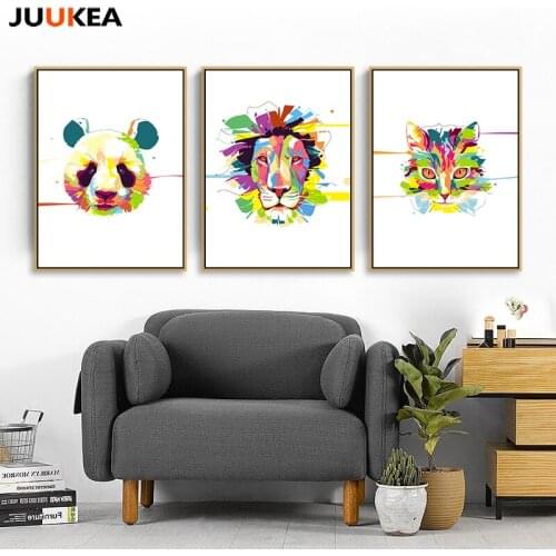 Modern POP Cartoon Animals Panda Lion Head,Canvas Painting print poster Wall Decor Nordic Kid Bedroom Home Decor free shipping