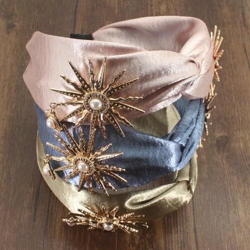 Vintage Wide Luxury Blue Pink Gold Hairbands Sun Pearl Flower Rhinestone Headband For Women Girls Fashion Hair Accessories