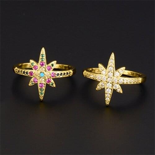 Trend Geometry Copper Micro Inlaid Color Zircon Star Ring Preserving Gold Open Meteor Ring Finger Ring Gift Female