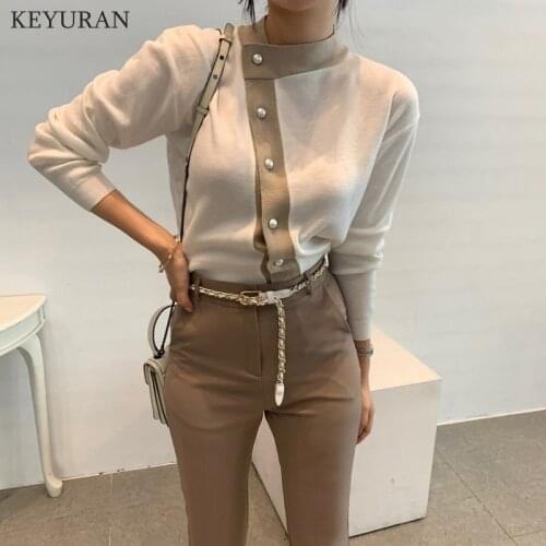 Korean Retro Knitted Sweaters 2021 Spring Autumn New Office Lady Patchwork O Neck Slim Chic Single-breasted Pullovers Sweater
