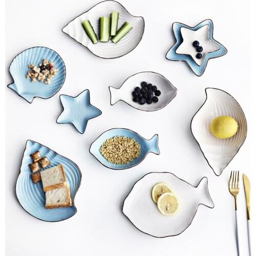 Japanese Ocean Ceramic Breakfast Plat Tableware Whale Fish Dish Shell Starfish Shape Rice Bowl Blue White Porcelain Dinnerware