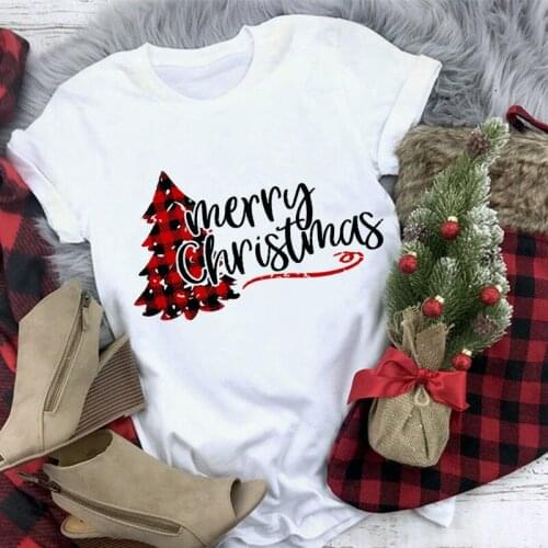 Merry christmas plaid pine tree print white T Shirt women christmas tshirt 2019 summer female tops harajuku vogue o-neck clothes
