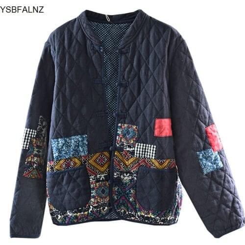 FadAutumn And Spring Art Style Womens Long-sleeved Retro Short Jacket Patchwork Cotton And Linen Single-breasted Padded Jacket