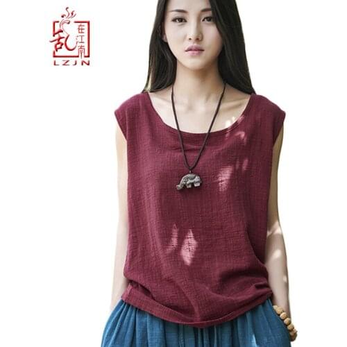 LZJN 2019 Women Simple Tanks Summer Shirt New 9 Color Solid Casual Cotton Linen Vintage Women Sleeveless O-Neck Vest Top