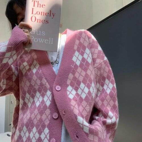 Womens Knitted Cardigans Argyle Long Sleeve Spring Autumn Sweater Jacket Chic Sweet Female All-Match Coat Loose Korean Tops