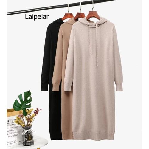 Oversize Autumn Winter Basic Hooded Long Sweater Dress Women Loose Thick Maix Dress Female Robe Chic Knit Straight Dress