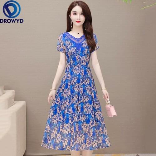 Women Boho Midi Dress Fashion Casual Dresses Short Sleeve V-neck Dresses Printing Summer New Korean Thin Chiffon Party Vestidos