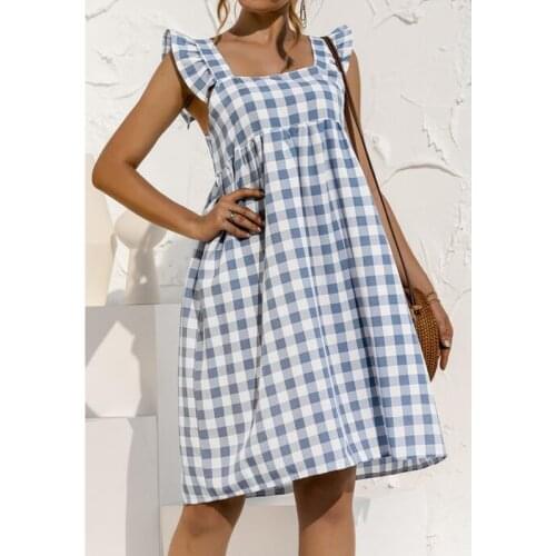 Ruffle Plaid Loose Strap Mini Dress 2021 Summer Women Sleeveless Square Collar High Beach Short Dress AM3036