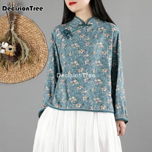 2021 womens casual silk full sleeve shirt chinese cheongsam blouse womens qipao blouse flower print stand collar blouse
