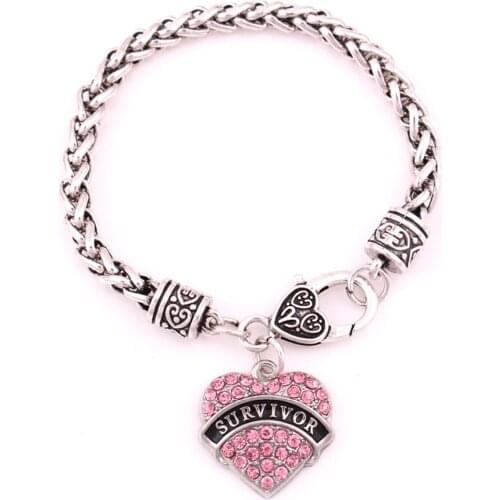 Antique sliver plated studded with sparkling crystal SURVIVOR heart charm bracelet link chain