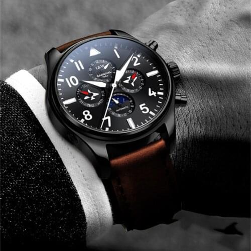 Mens Watches Top Luxury Brand CARNIVAL Waterproof Sport Wrist Watch Multifunctional Mechanical Military Genuine Leather Relogio