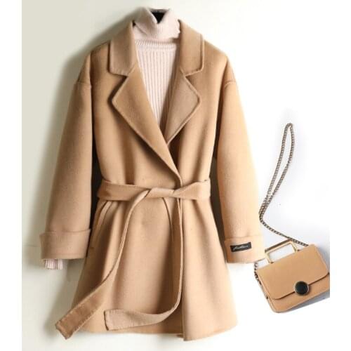 Double-sided cashmere coat female 2020 spring new suit collar belt small han edition show thin cloth coat