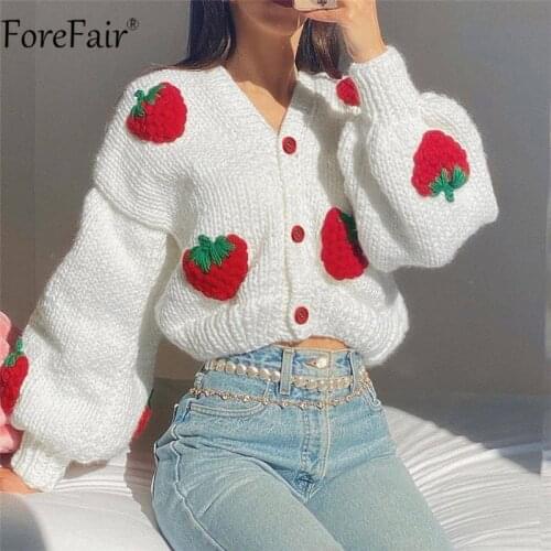 Forefair 2021 White Knitted Cropped Cardigan Women Loose Long Sleeve Autumn Winter Vintage V Neck Fashion Casual Sweater Top