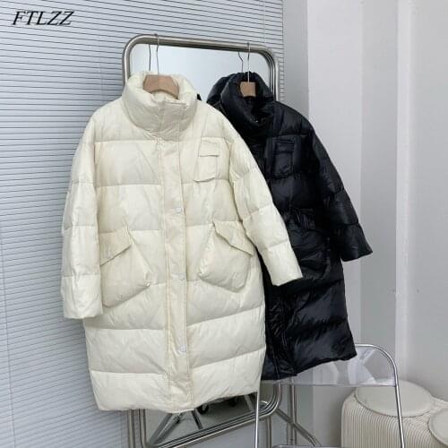 FTLZZ Winter Large Size Long Feather Jacket Women 90% White Duck Down Coat Loose Big Pocket Parker Snow Warm Fluffy Outwear