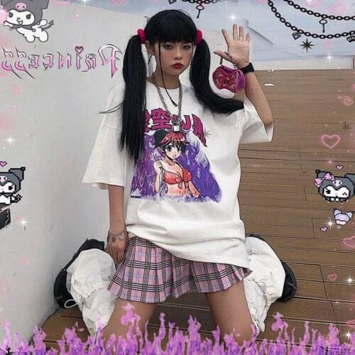 Japan Mujer Cartoon Cute Girls Print Loose Streetwear T-shirts Harajuku Gothic Women E-Girl Kawaii Y2K Loose Vintage Casual Tops