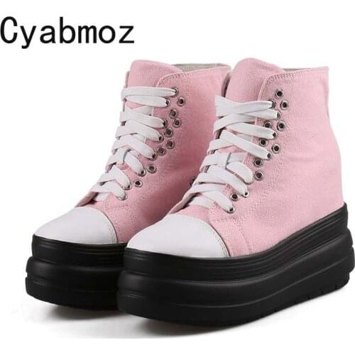 11cm women comfortable sneakers wedges canvas casual shoes ladies high platform height increasing sneakers fashion